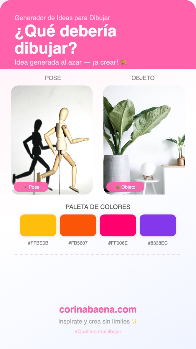 generador de ideas aleatorias para dibujar, muestra una pose, un objeto y una paleta de colores.